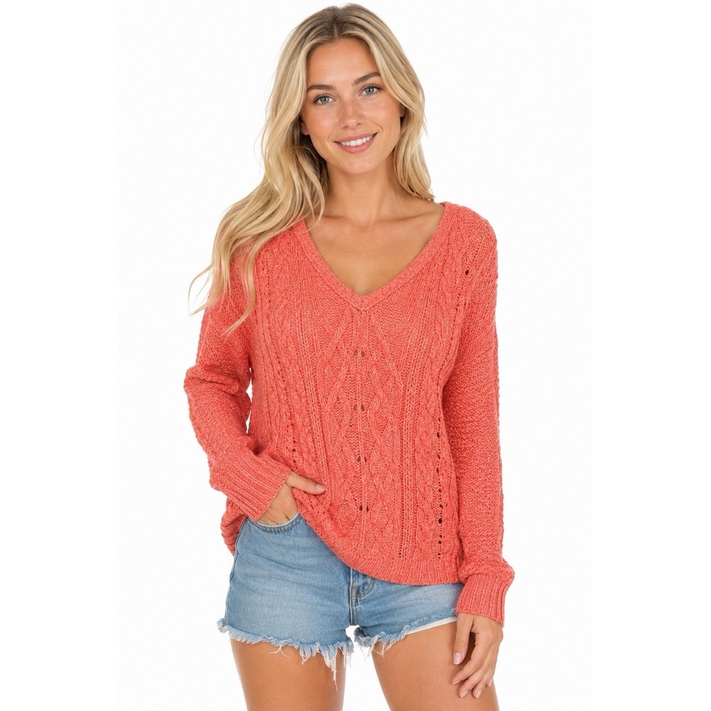 American Eagle Coral Cable Knit‎ Sweater M V-Neck Marled Boho Beachy Cottagecore